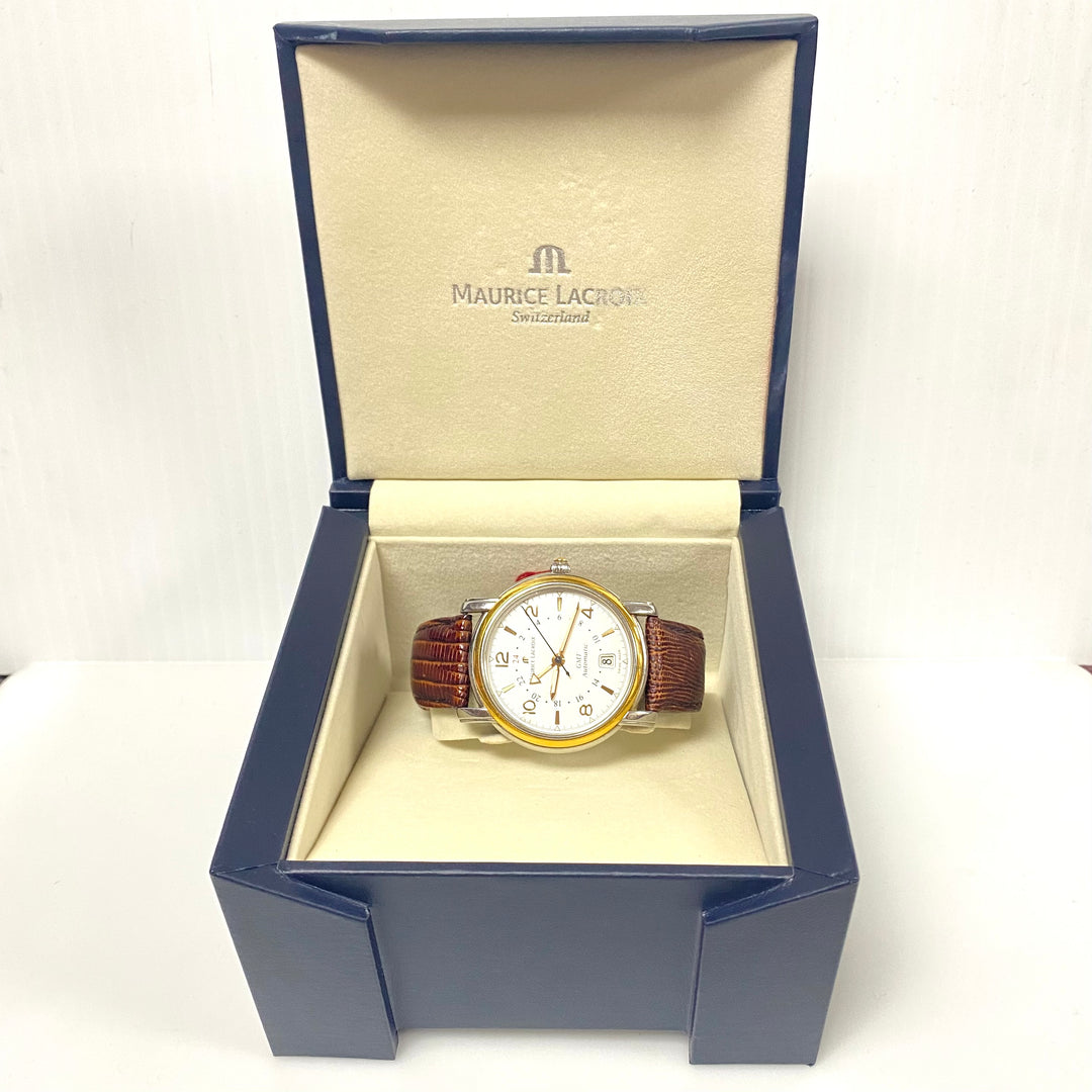 v199 Vintage Maurice Lacroix Steel/Gold 18k GMT Automatic Swiss Men's Wrist Watch 21 Jewels