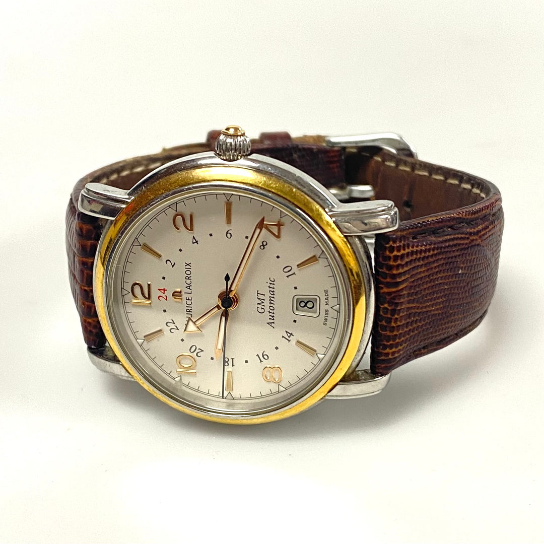 v199 Vintage Maurice Lacroix Steel/Gold 18k GMT Automatic Swiss Men's Wrist Watch 21 Jewels