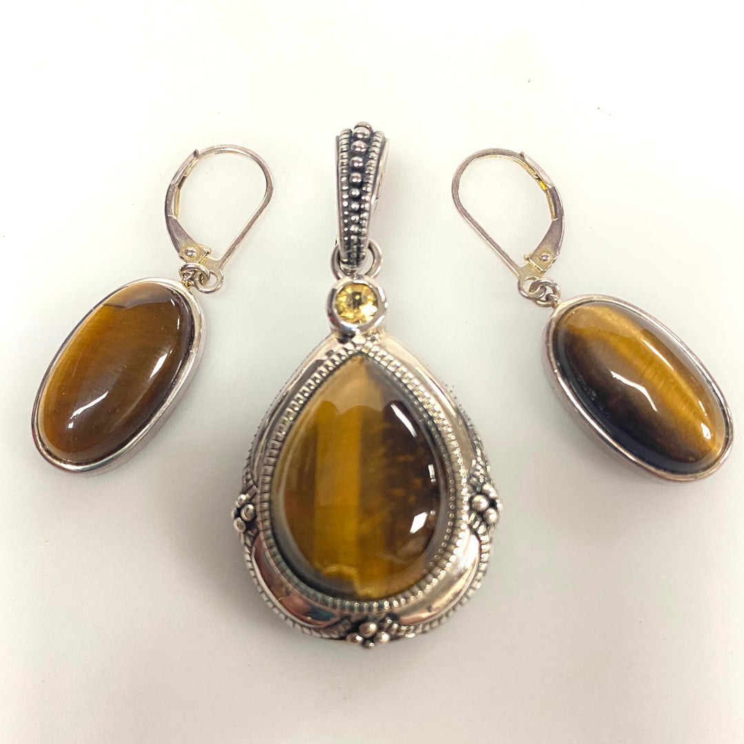v201 Vintage Sterling Silver 925 Tiger's Eye Stone Earrings and Pendant Set of 3