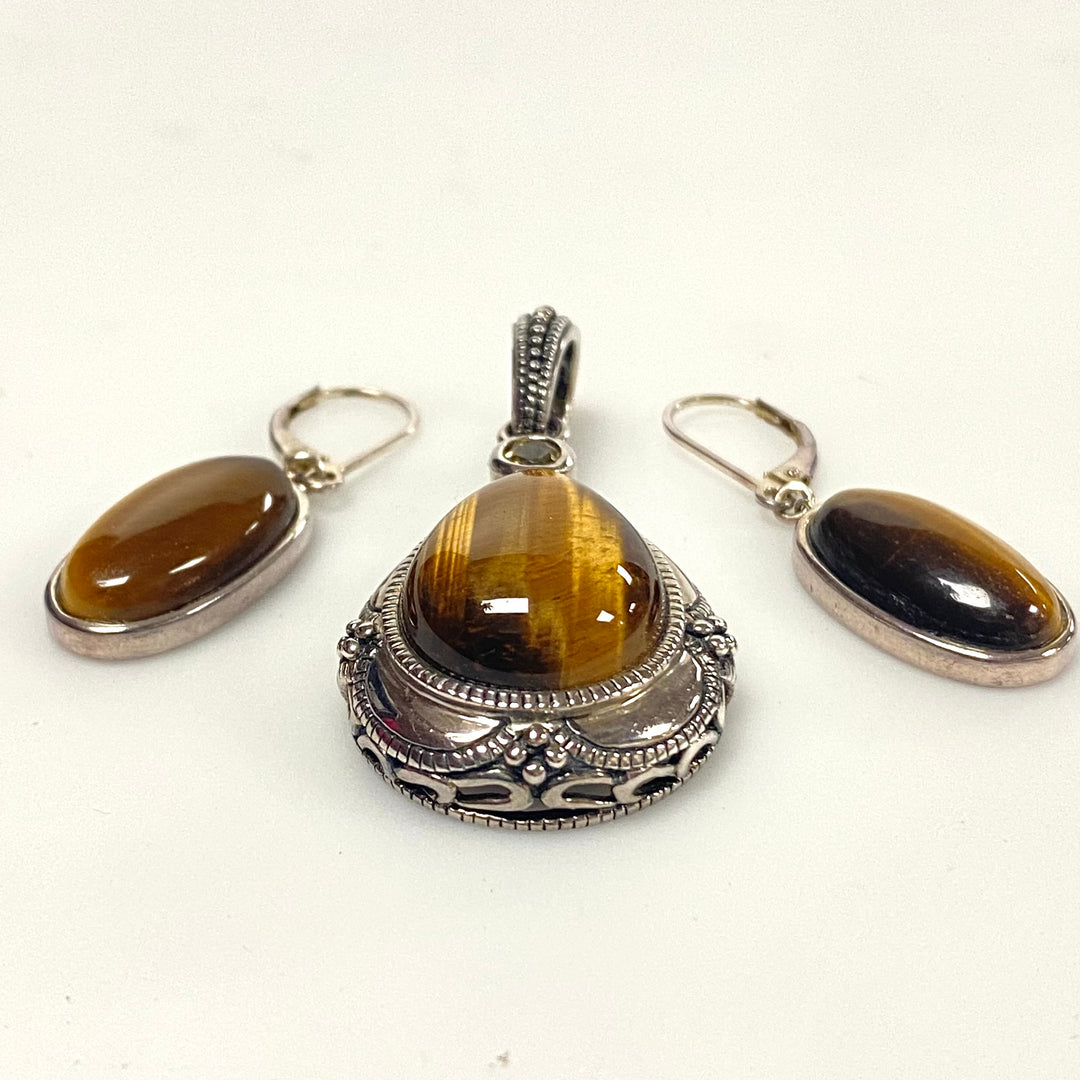 v201 Vintage Sterling Silver 925 Tiger's Eye Stone Earrings and Pendant Set of 3