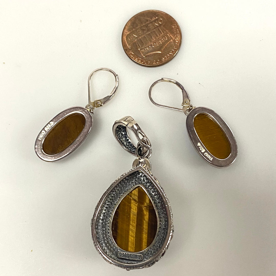 v201 Vintage Sterling Silver 925 Tiger's Eye Stone Earrings and Pendant Set of 3