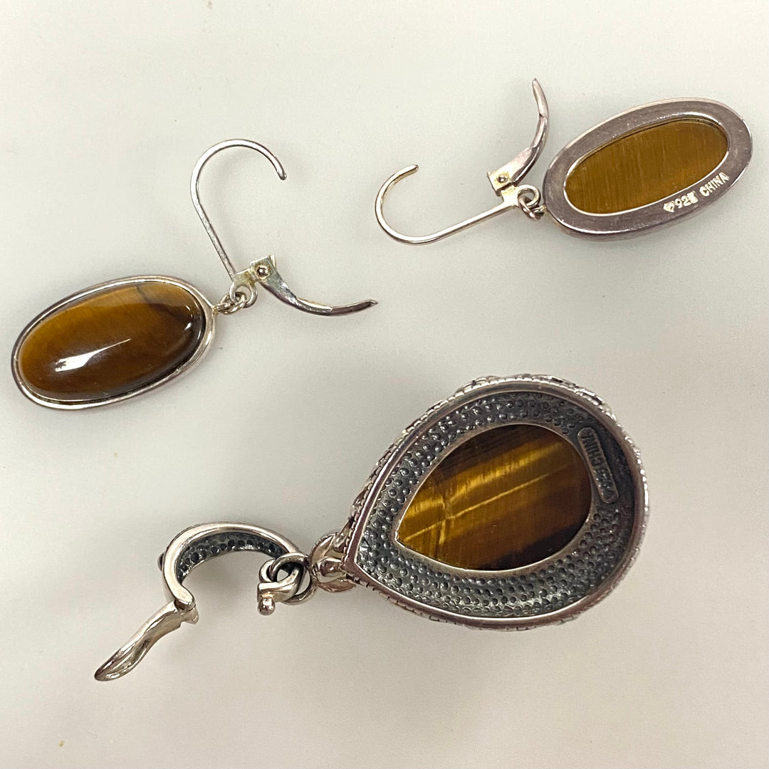 v201 Vintage Sterling Silver 925 Tiger's Eye Stone Earrings and Pendant Set of 3