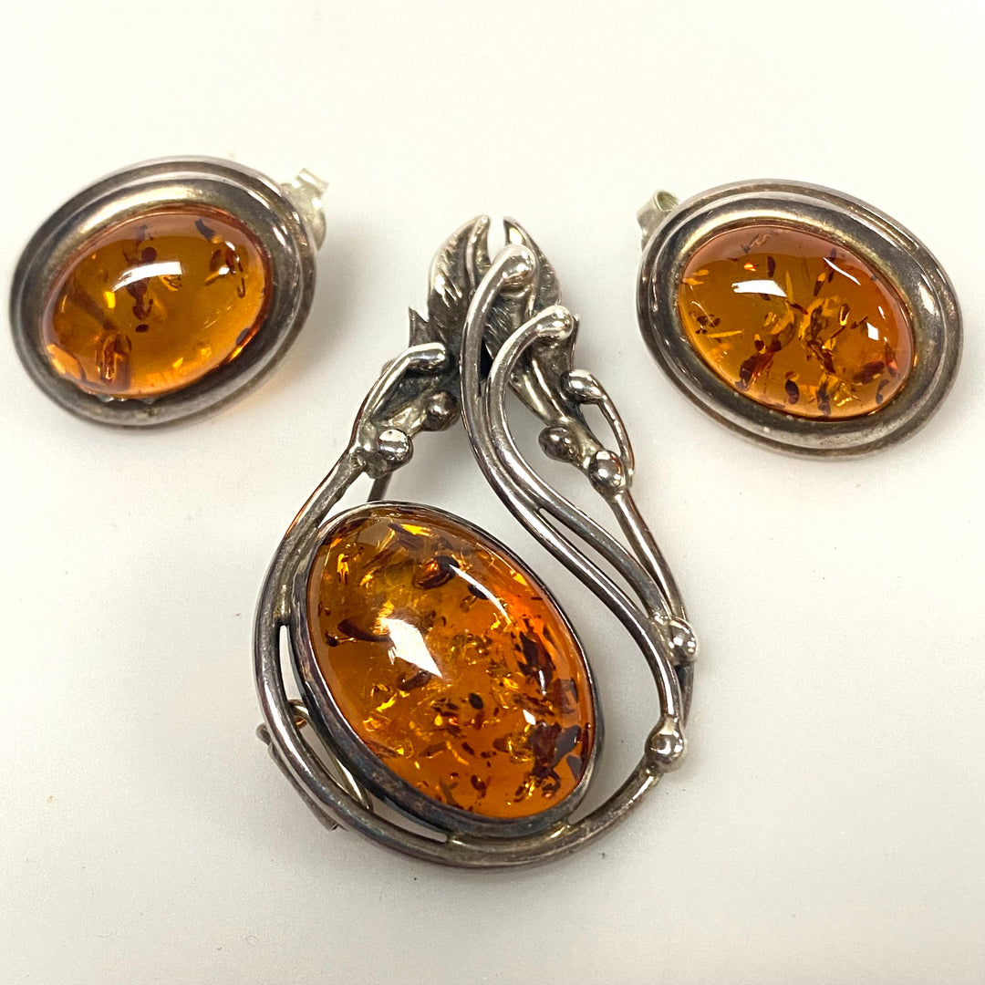 v202 Vintage Sterling Silver 925Amber Earrings and Pendant/Brooch/Pin Set of 3