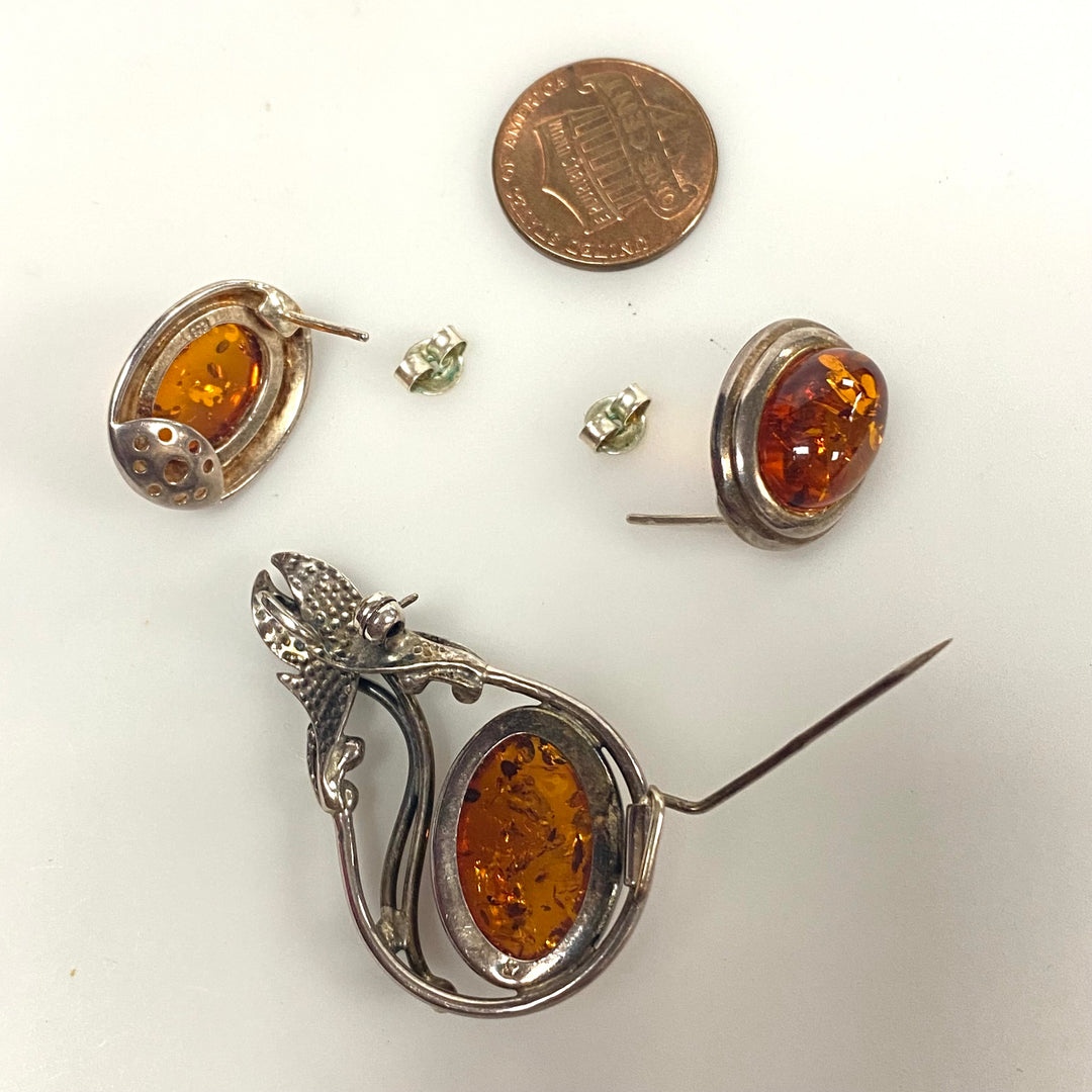 v202 Vintage Sterling Silver 925Amber Earrings and Pendant/Brooch/Pin Set of 3