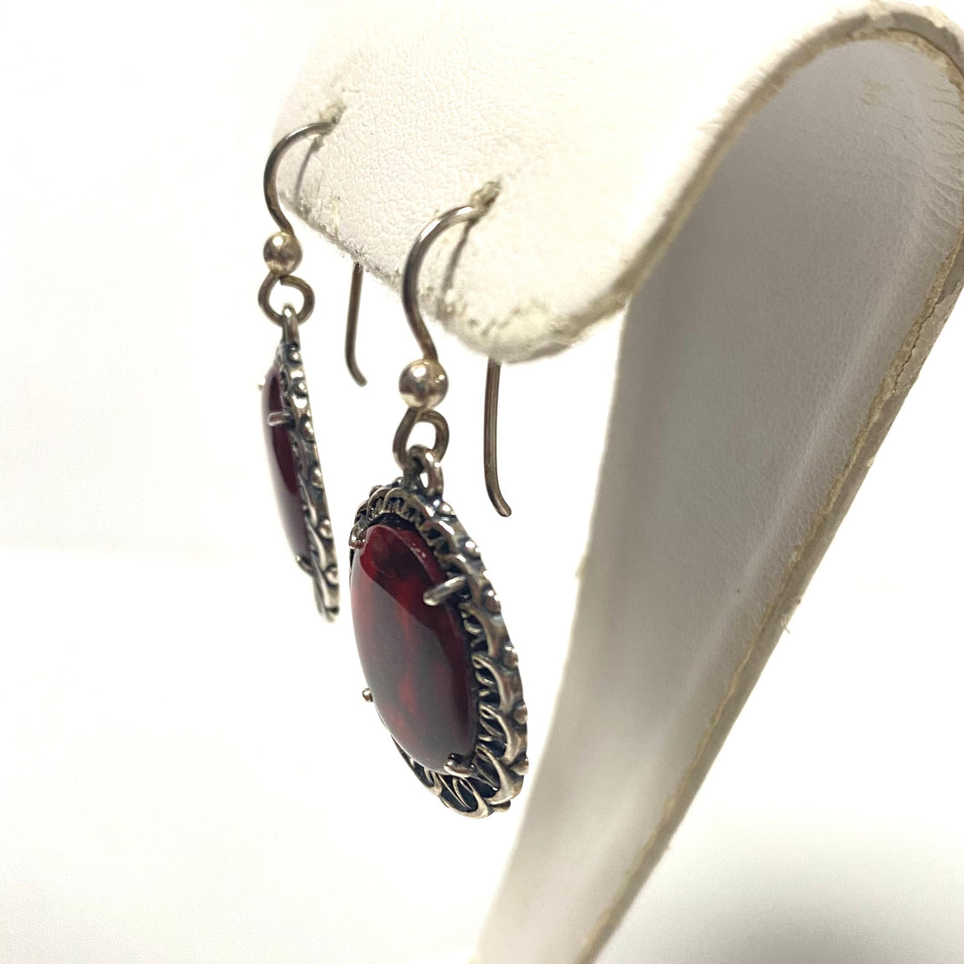 v203 Vintage Filigree Sterling Silver 925 Red Stone Earrings Pendant Set of 3