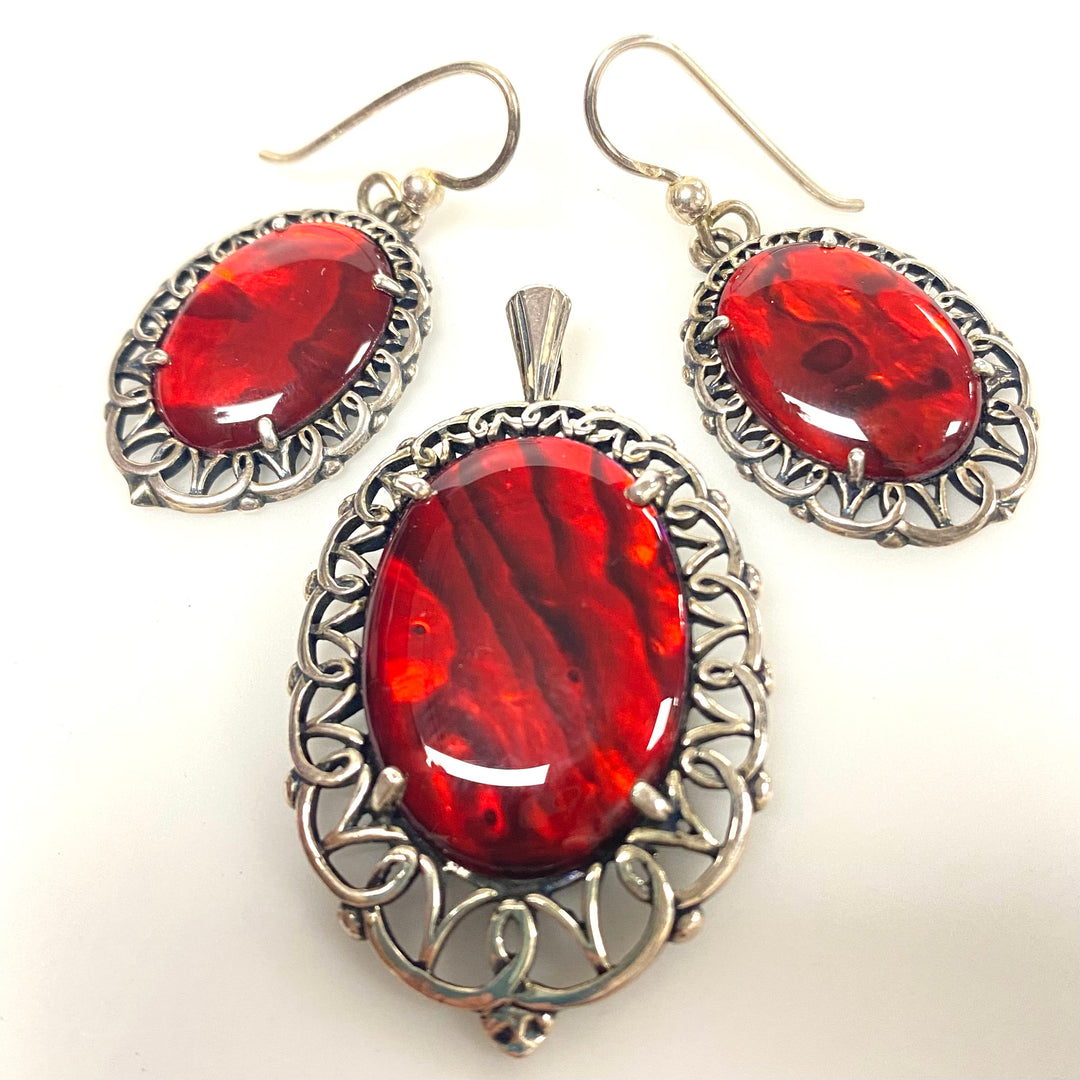 v203 Vintage Filigree Sterling Silver 925 Red Stone Earrings Pendant Set of 3