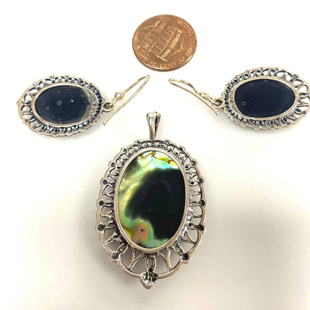 v203 Vintage Filigree Sterling Silver 925 Red Stone Earrings Pendant Set of 3