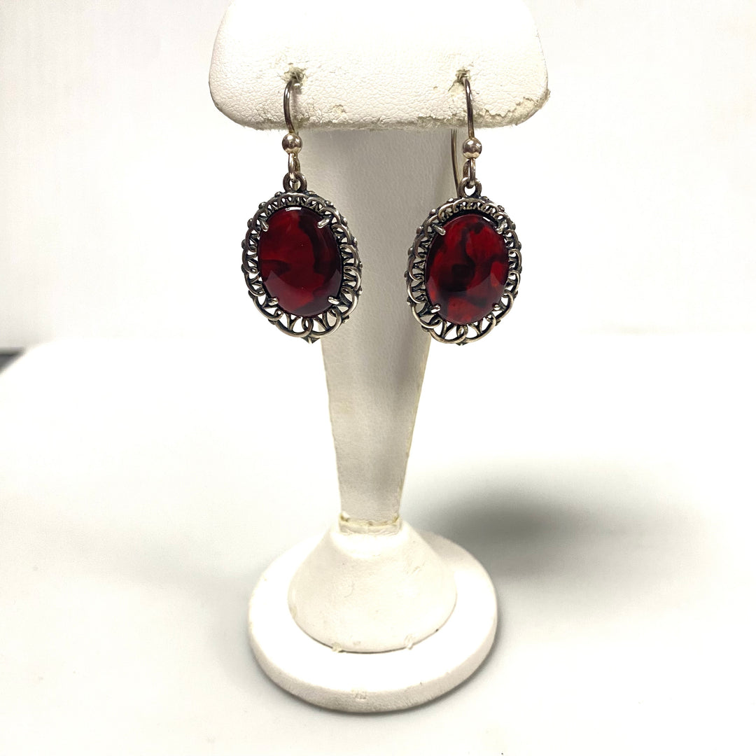 v203 Vintage Filigree Sterling Silver 925 Red Stone Earrings Pendant Set of 3