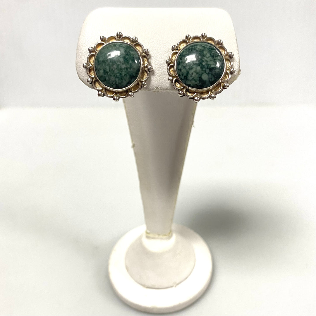 v204 Vintage Sterling Silver 925 Green Jade Earrings Pendant 19" Necklace Set