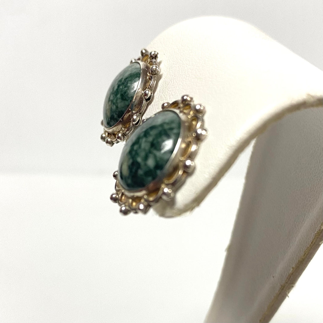 v204 Vintage Sterling Silver 925 Green Jade Earrings Pendant 19" Necklace Set