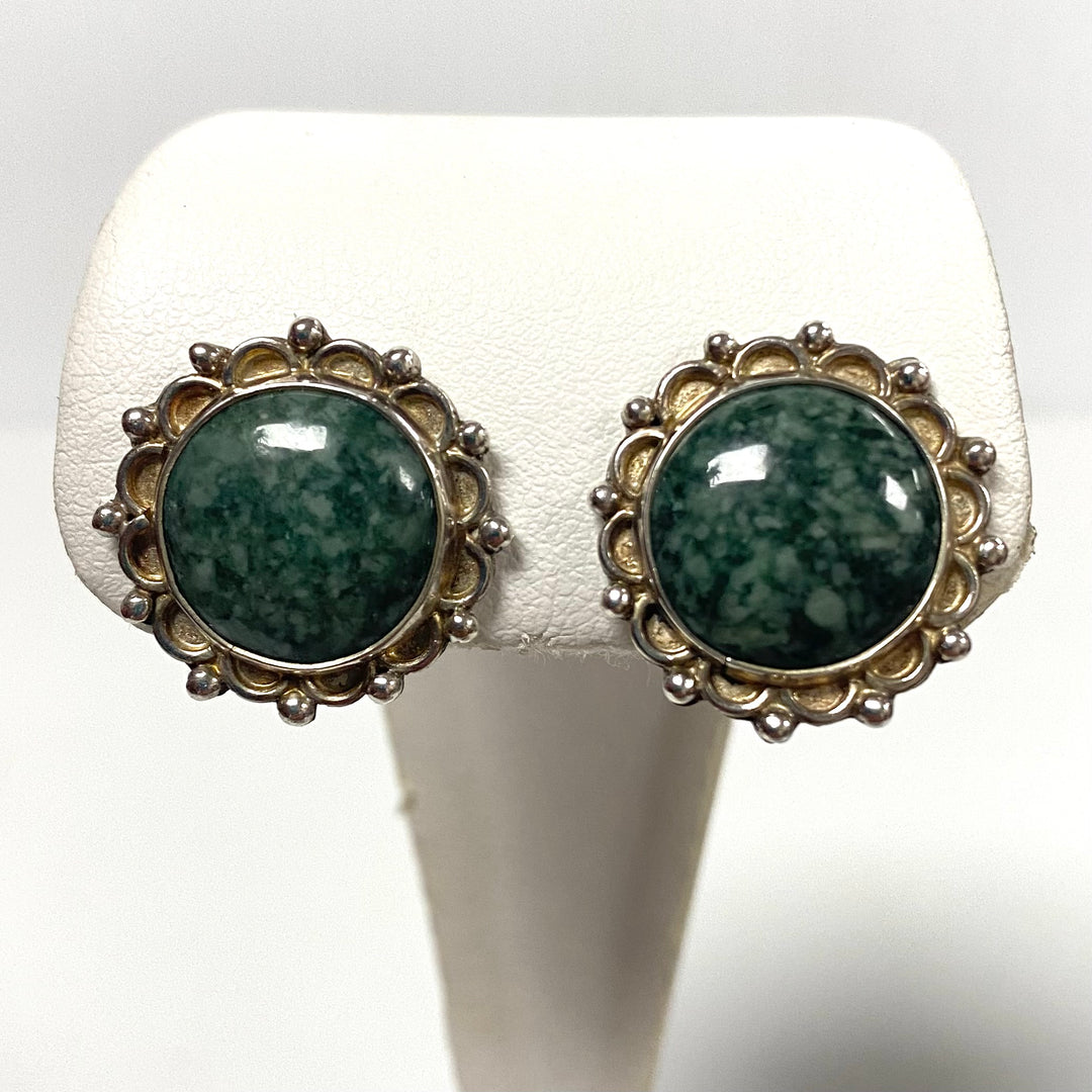 v204 Vintage Sterling Silver 925 Green Jade Earrings Pendant 19" Necklace Set