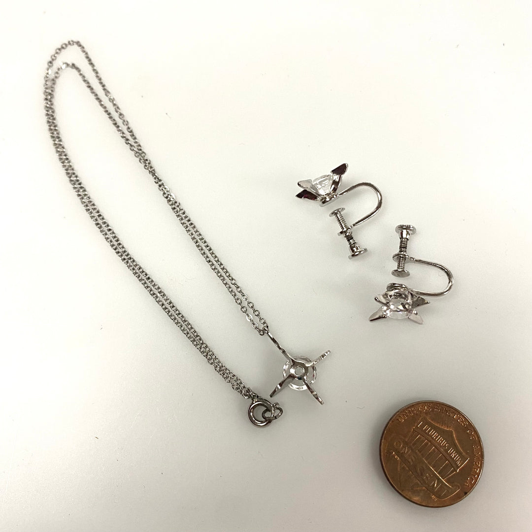 v205 Vintage Sterling Silver 925 White Stone Earrings Pendant 15" Necklace Set