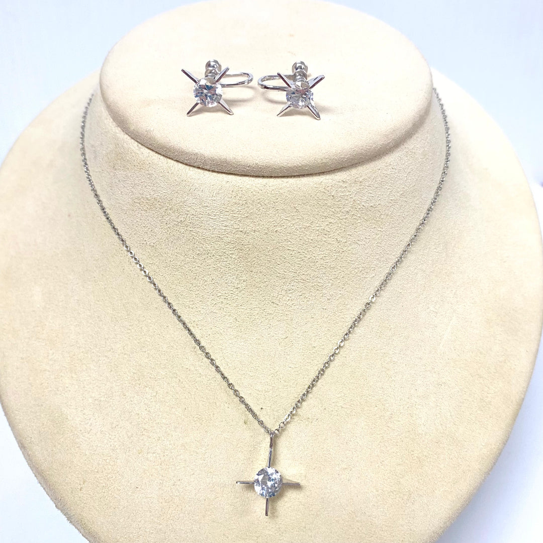 v205 Vintage Sterling Silver 925 White Stone Earrings Pendant 15" Necklace Set