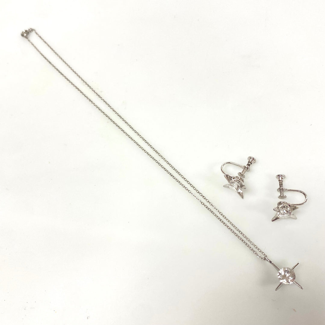 v205 Vintage Sterling Silver 925 White Stone Earrings Pendant 15" Necklace Set