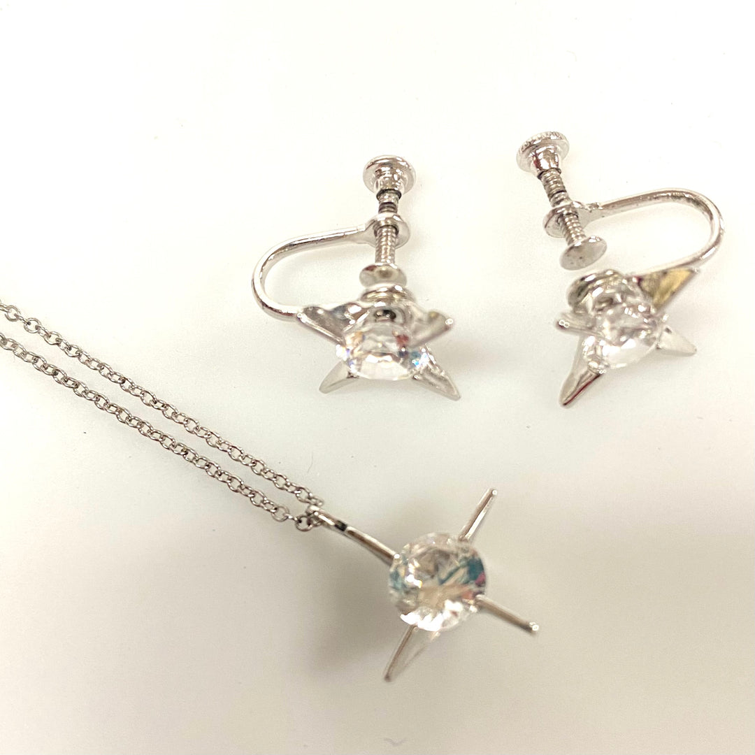 v205 Vintage Sterling Silver 925 White Stone Earrings Pendant 15" Necklace Set