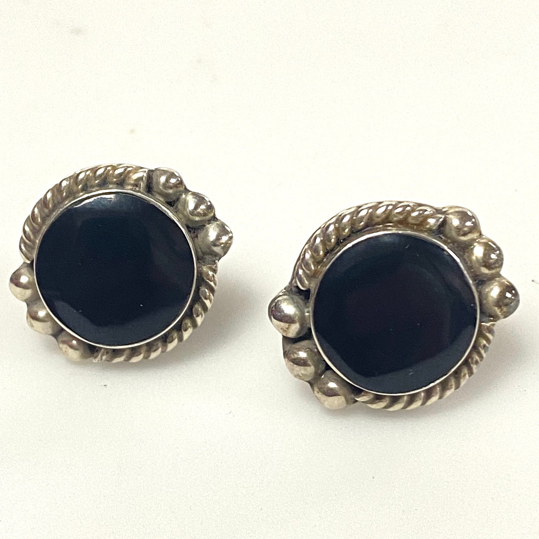 v207 Vintage Sterling Silver 925 Black Onyx Stones Earrings Pierced