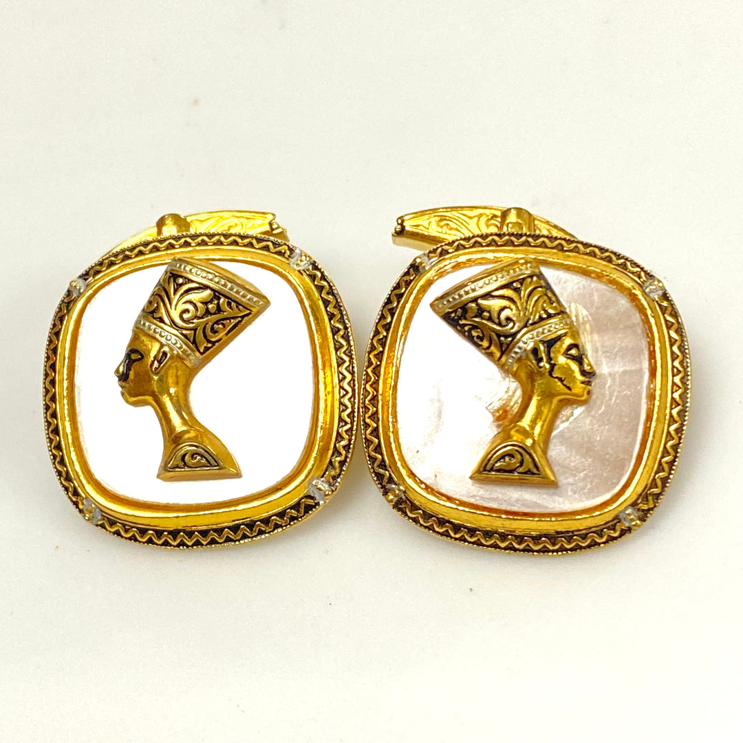 v217 Vintage Nefertiti Profile Egypt Theme Brass and mother-of-pearl Cuff links