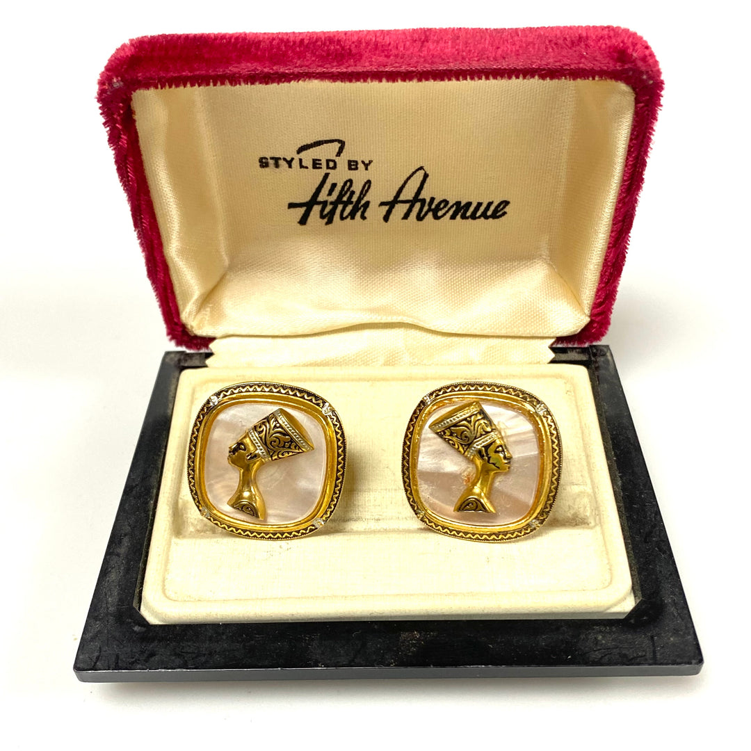 v217 Vintage Nefertiti Profile Egypt Theme Brass and mother-of-pearl Cuff links