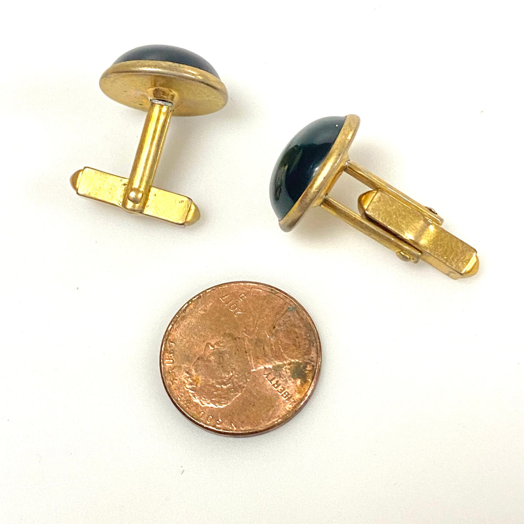 v220 Vintage Classic Gold Tone & Dark Green Stone Round Men's Cuff links