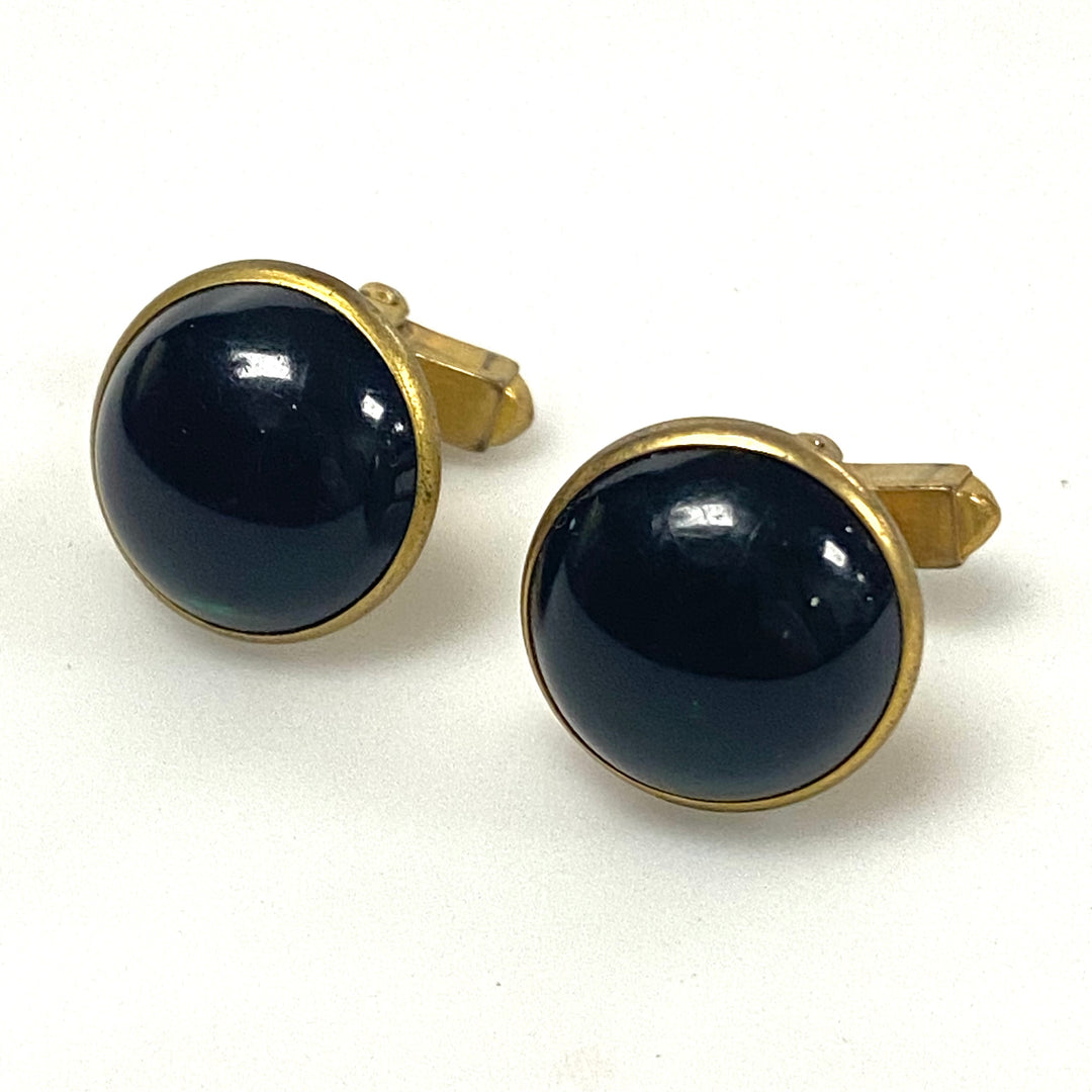 v220 Vintage Classic Gold Tone & Dark Green Stone Round Men's Cuff links