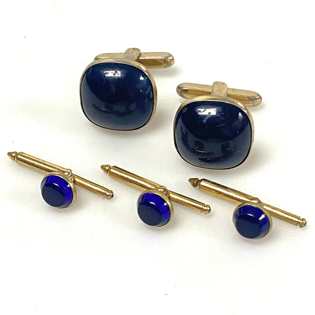 v221 Vintage Gold Tone & Cobalt Blue Men's Cuff links and 3 Hickock Shirt Studs