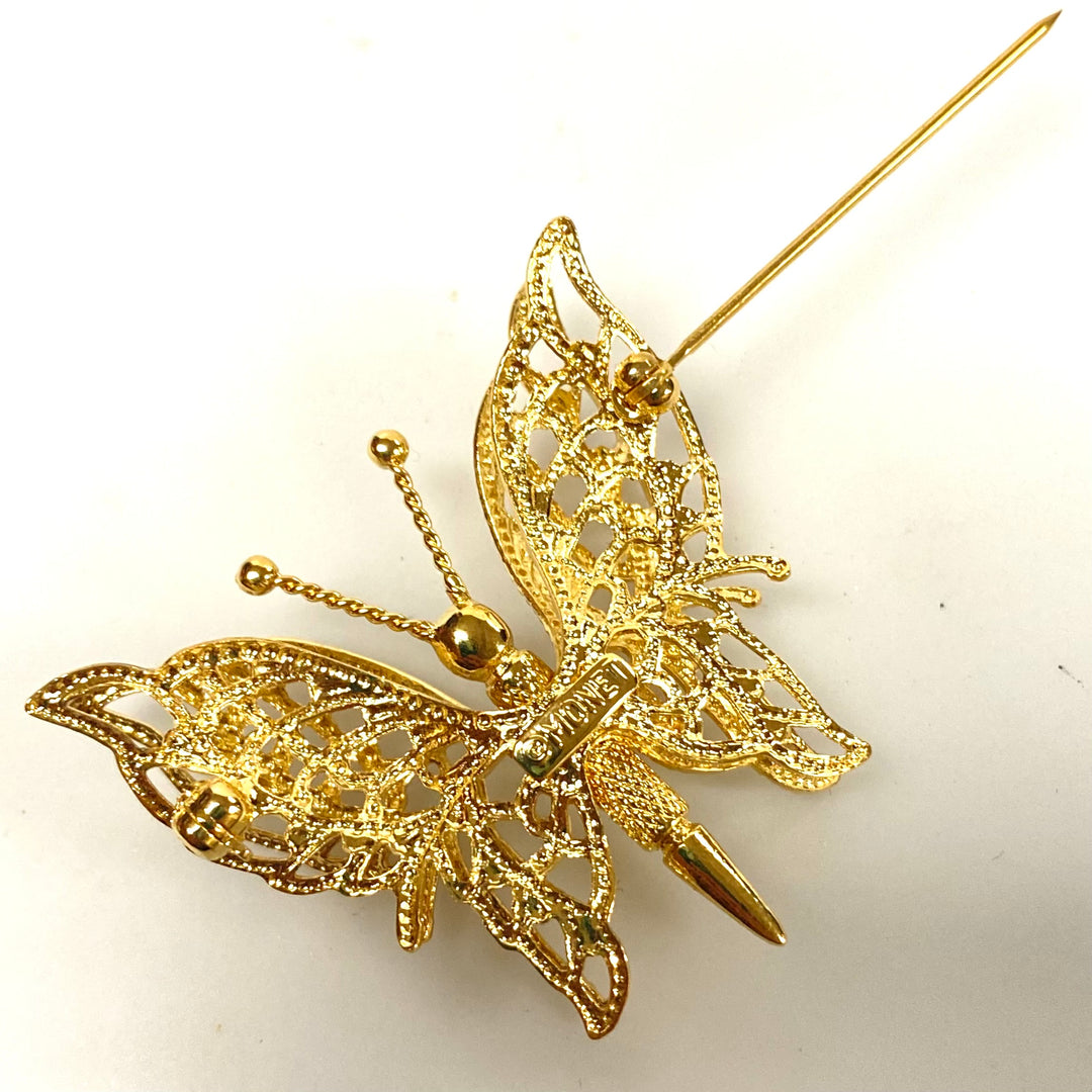 v222 Vintage 1960s Monet Double Wing 3-D Gold Tone Filigree Butterfly Brooch Pin