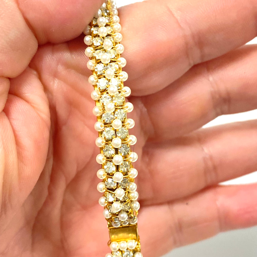 v231 Vintage Gold Tone Pearl Beaded White Stones Unisex Bangle Bracelet 8" long