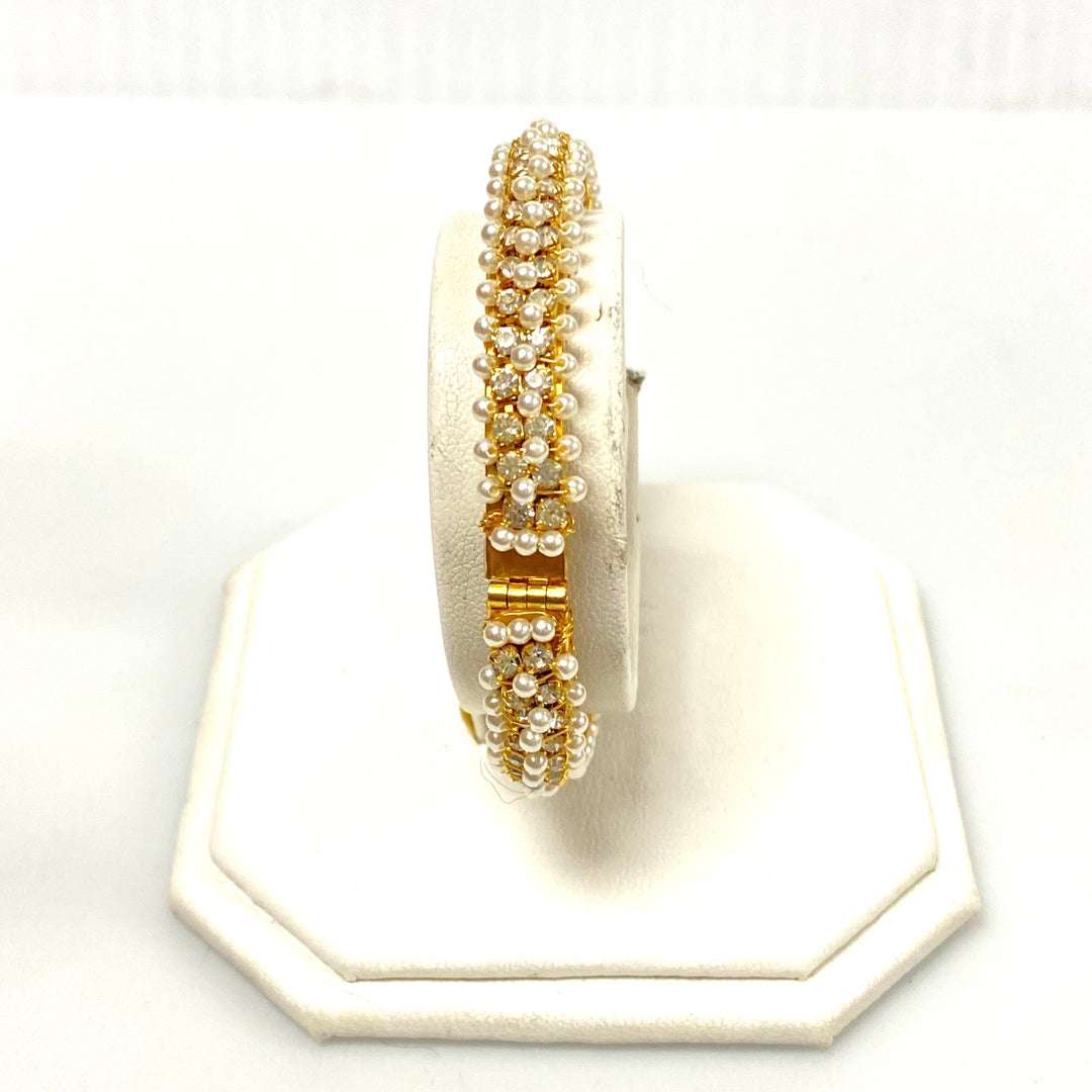 v231 Vintage Gold Tone Pearl Beaded White Stones Unisex Bangle Bracelet 8" long