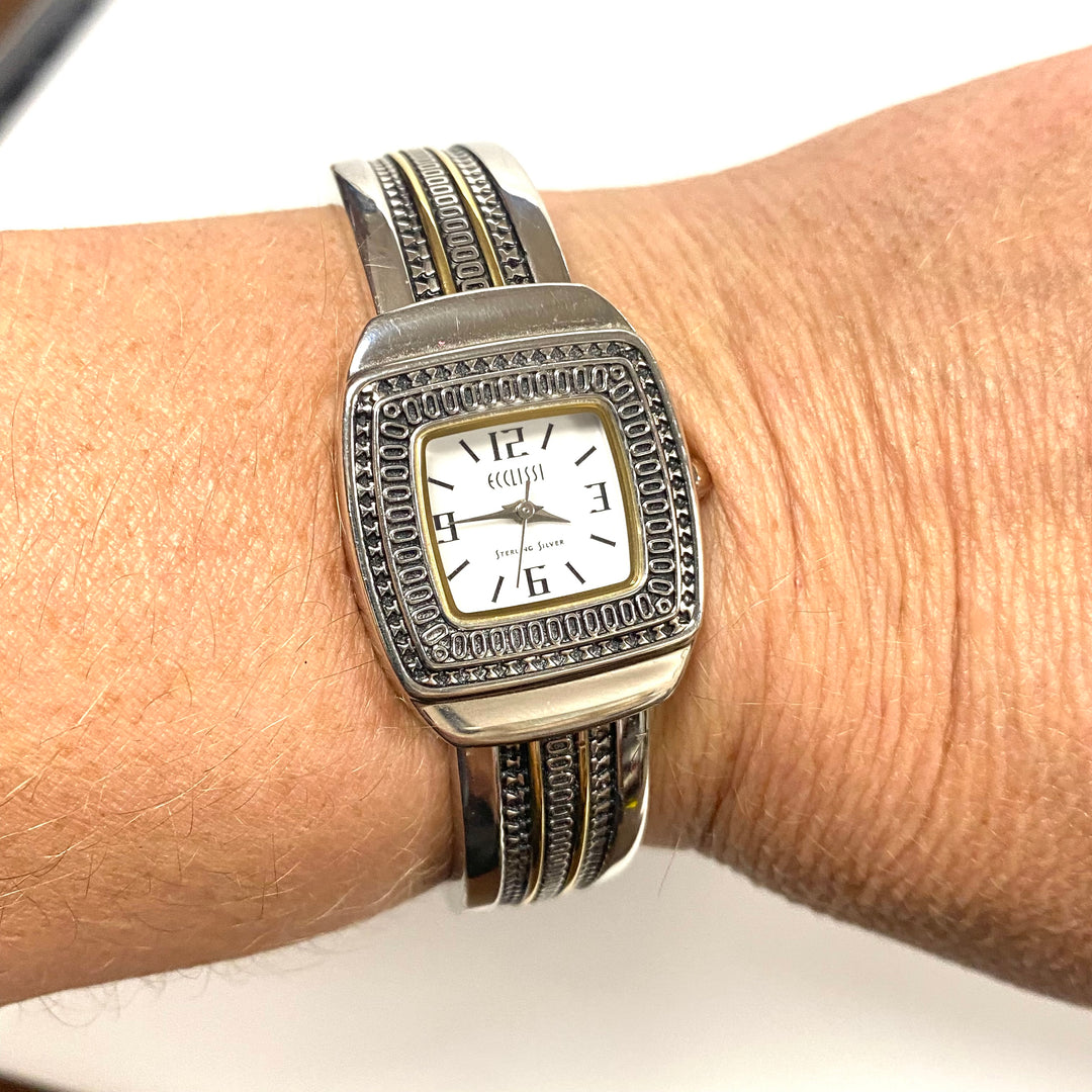 v242 Vintage Ecclissi Sterling Silver Case and Band Quartz Stainless Steel Back Wrist Watch 33030