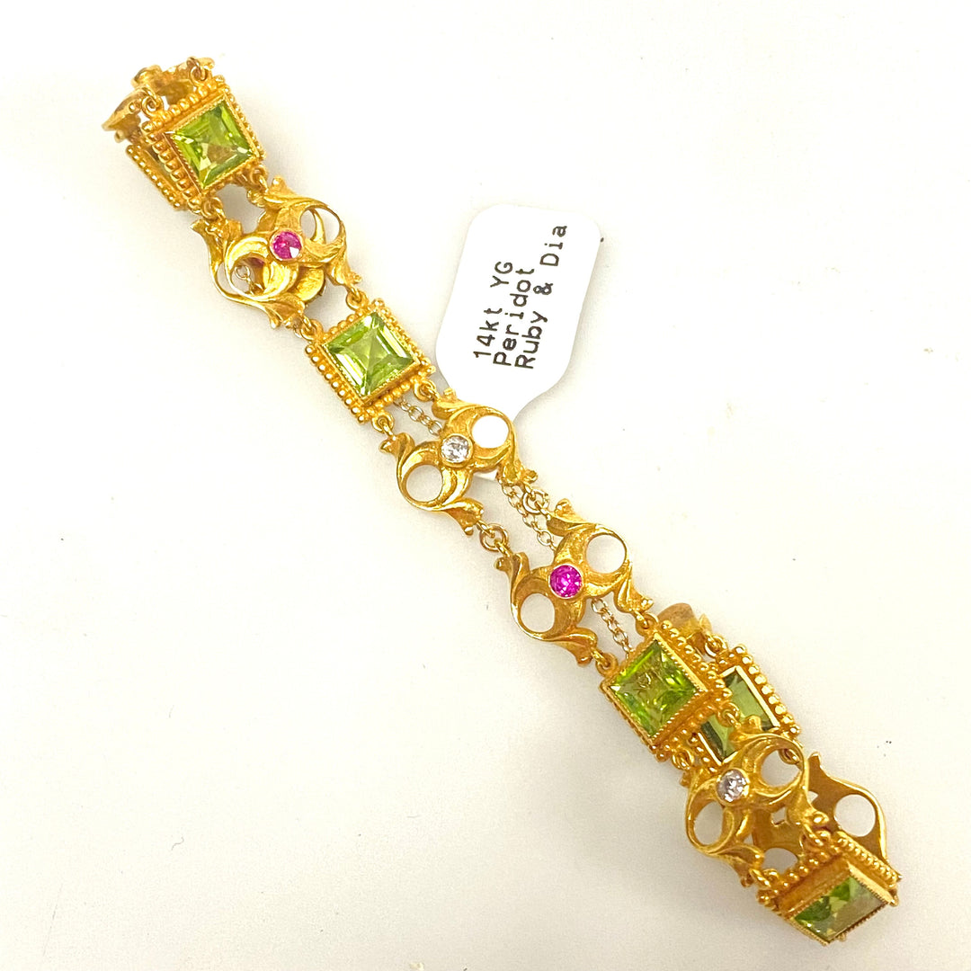 v244 Vintage 14k Yellow Gold Peridot Ruby Diamond Chain Bracelet 7" long
