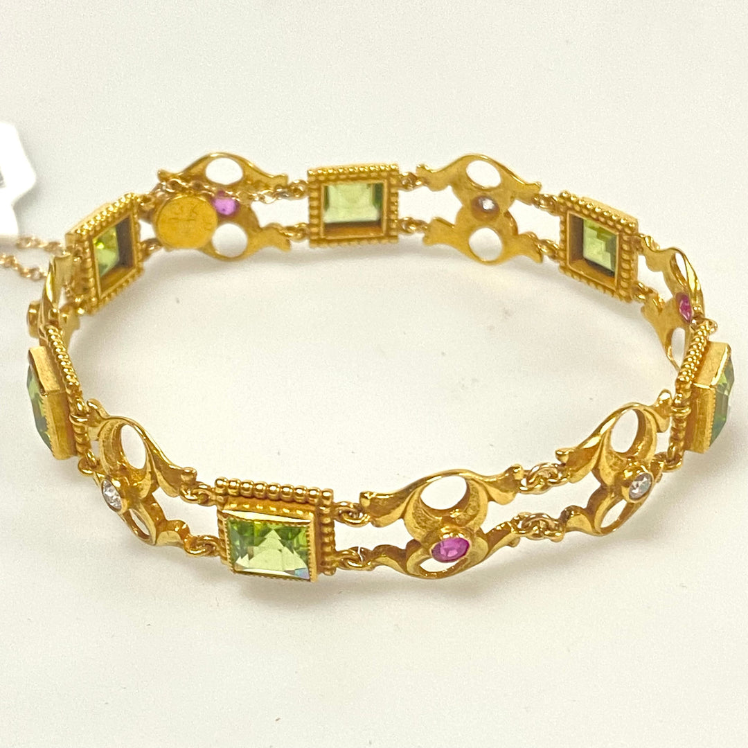 v244 Vintage 14k Yellow Gold Peridot Ruby Diamond Chain Bracelet 7" long