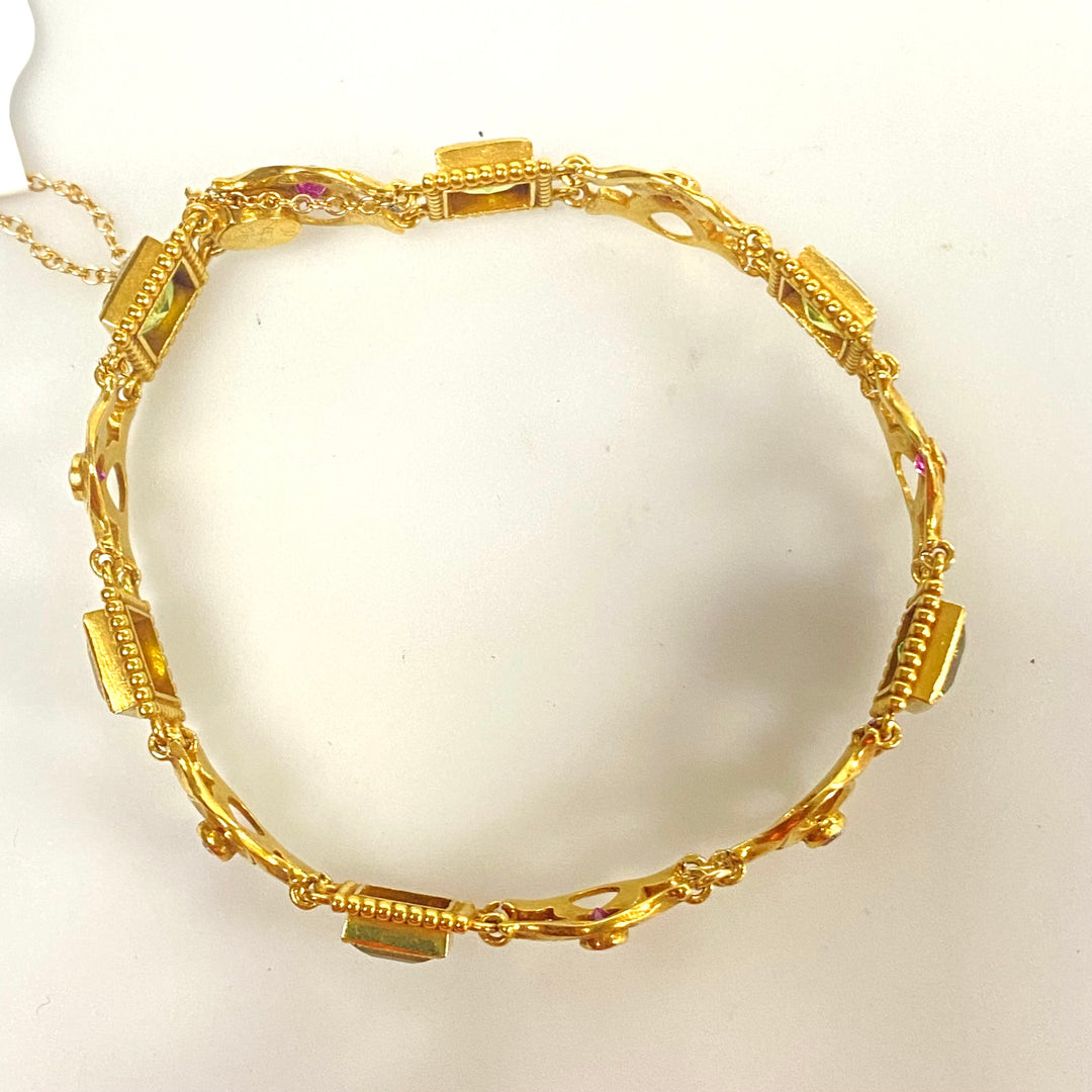 v244 Vintage 14k Yellow Gold Peridot Ruby Diamond Chain Bracelet 7" long