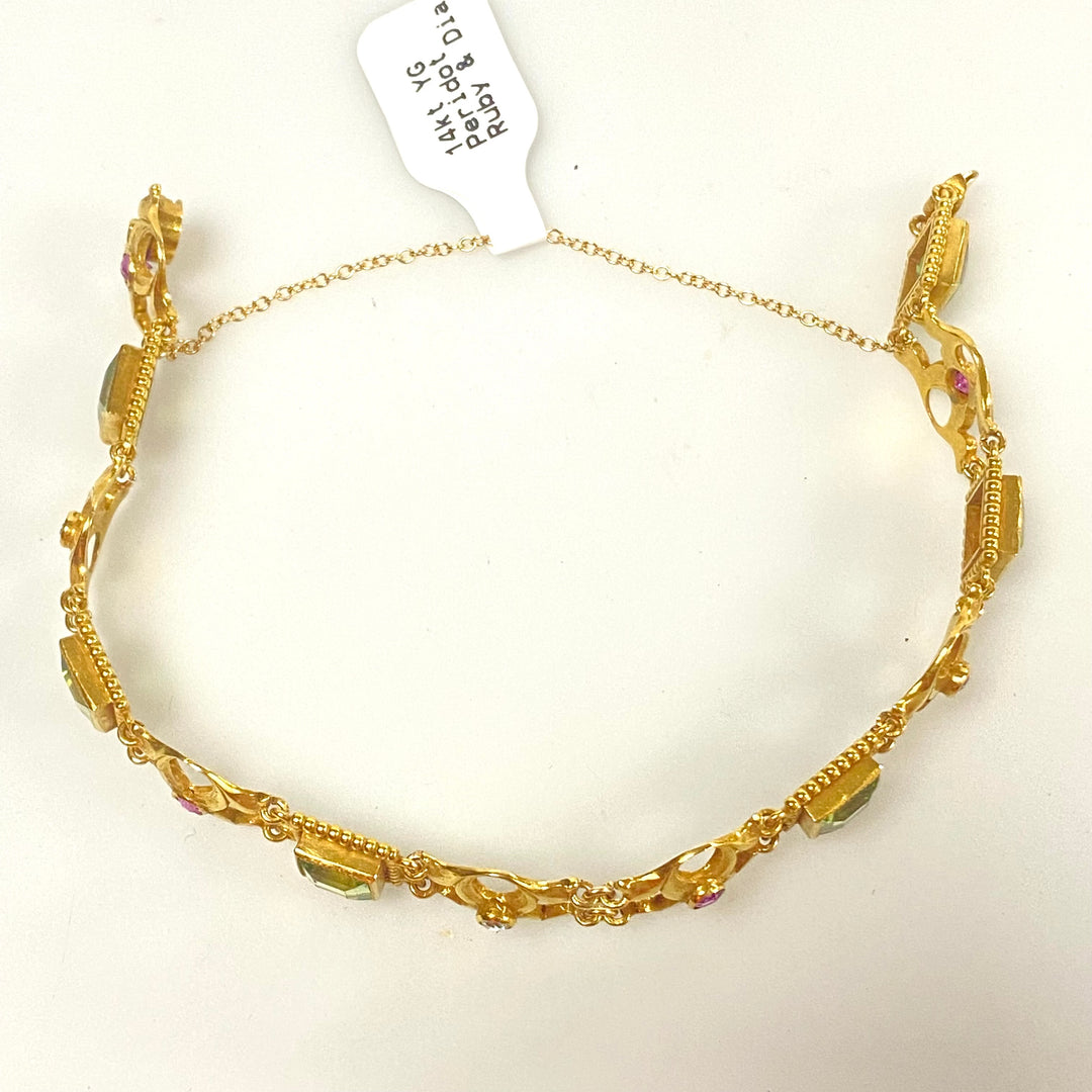 v244 Vintage 14k Yellow Gold Peridot Ruby Diamond Chain Bracelet 7" long