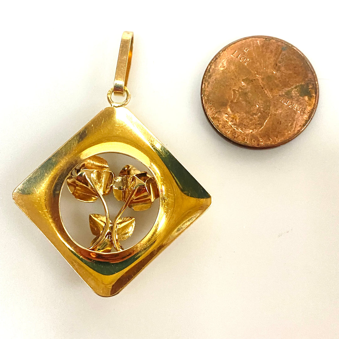 v246 Vintage 14k Yellow Gold Ruby Roses Pendant Charm