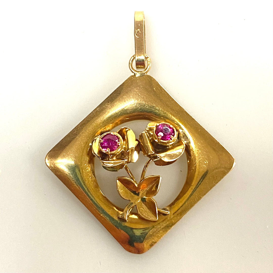 v246 Vintage 14k Yellow Gold Ruby Roses Pendant Charm