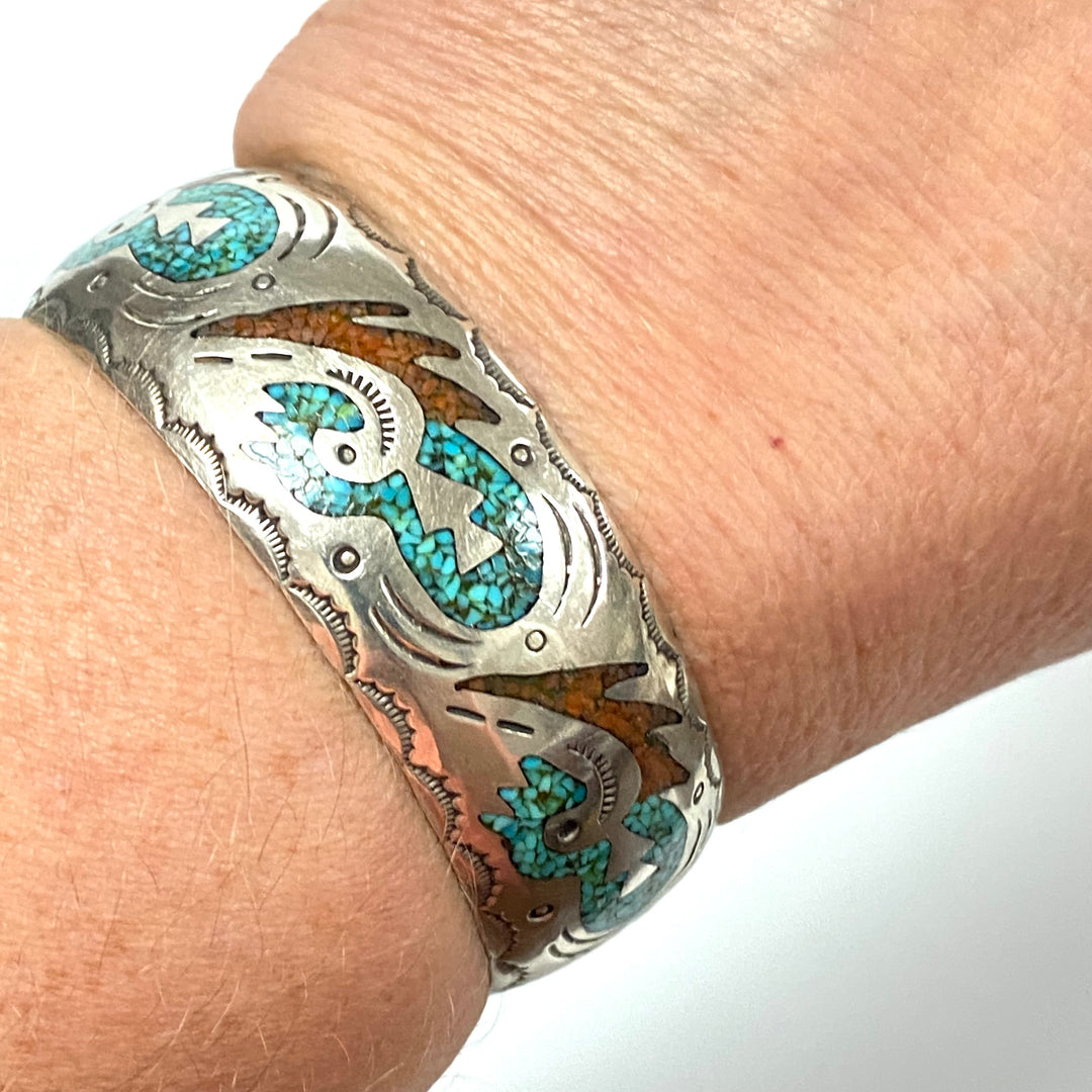 v252 Vintage Navajo Native American Sterling Silver 20mm Cuff Chip Inlay Bracelet