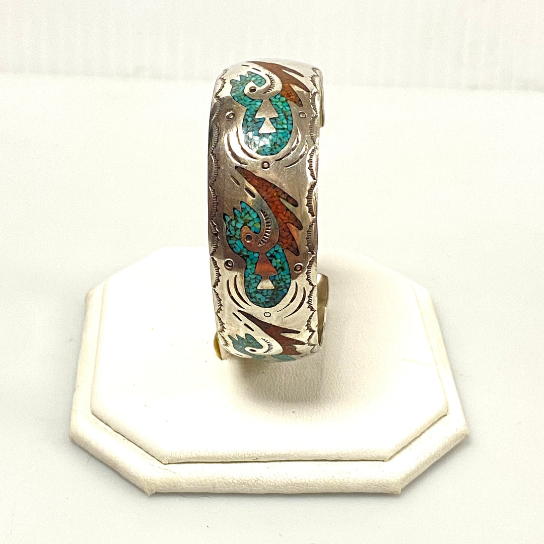 v252 Vintage Navajo Native American Sterling Silver 20mm Cuff Chip Inlay Bracelet