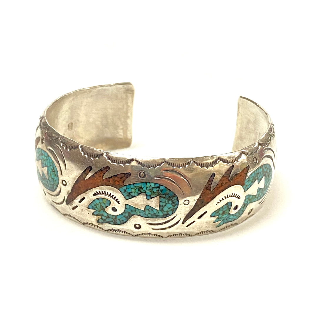 v252 Vintage Navajo Native American Sterling Silver 20mm Cuff Chip Inlay Bracelet