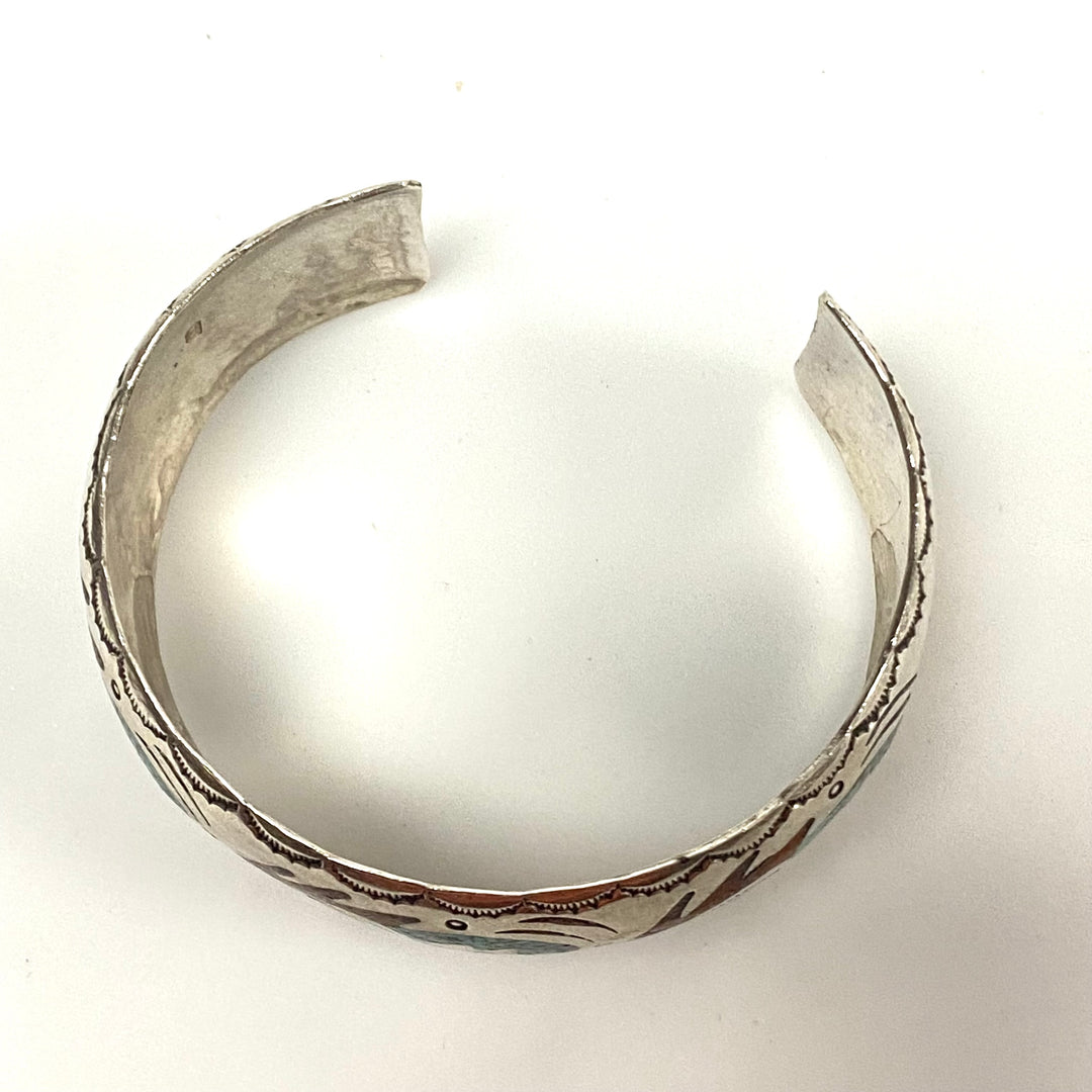 v252 Vintage Navajo Native American Sterling Silver 20mm Cuff Chip Inlay Bracelet
