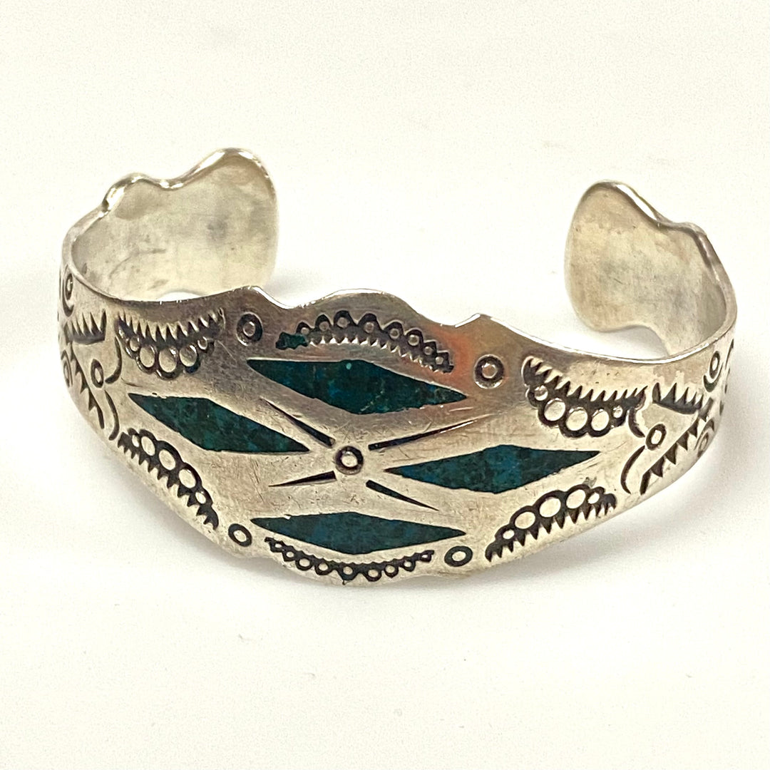 v253 Vintage Navajo Native American Sterling Silver Cuff Turquoise Inlay Bracelet