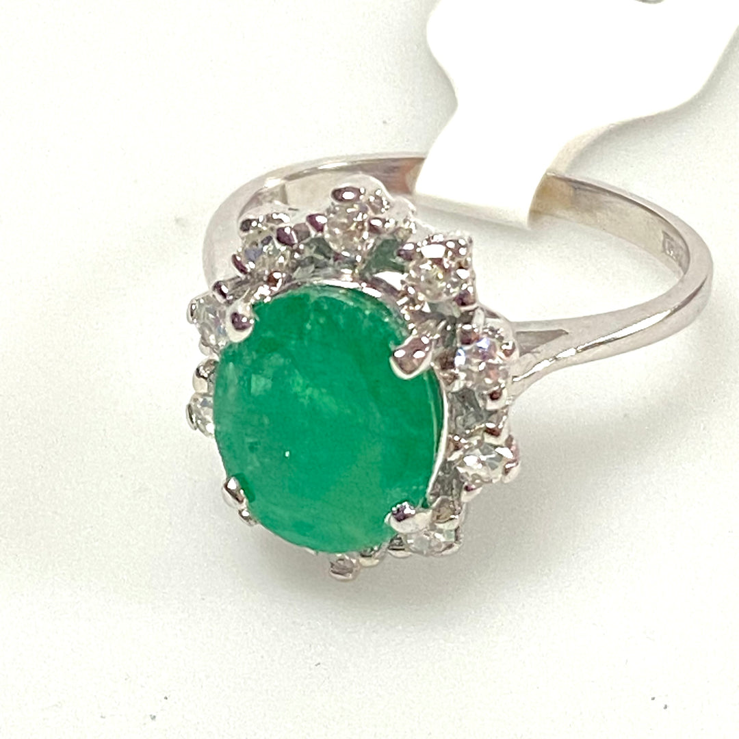 v255 Vintage 14K White Gold Green Emerald Diamond Engagement Ring Size 6.25