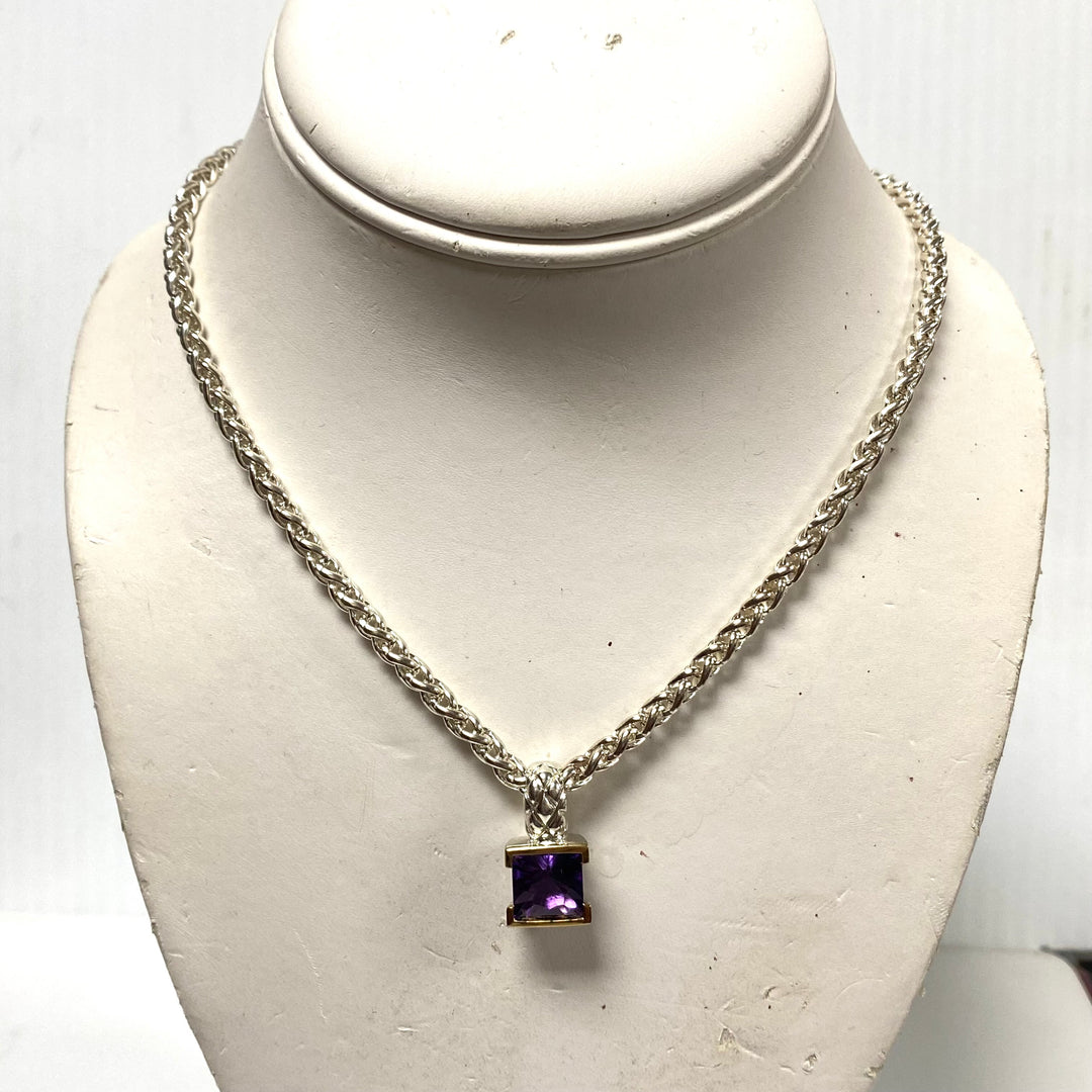 v265 Lorenzo Sterling Silver 925 Large Wheat Chain Necklace 16" Genuine Amethyst 18k Bezel Pendant