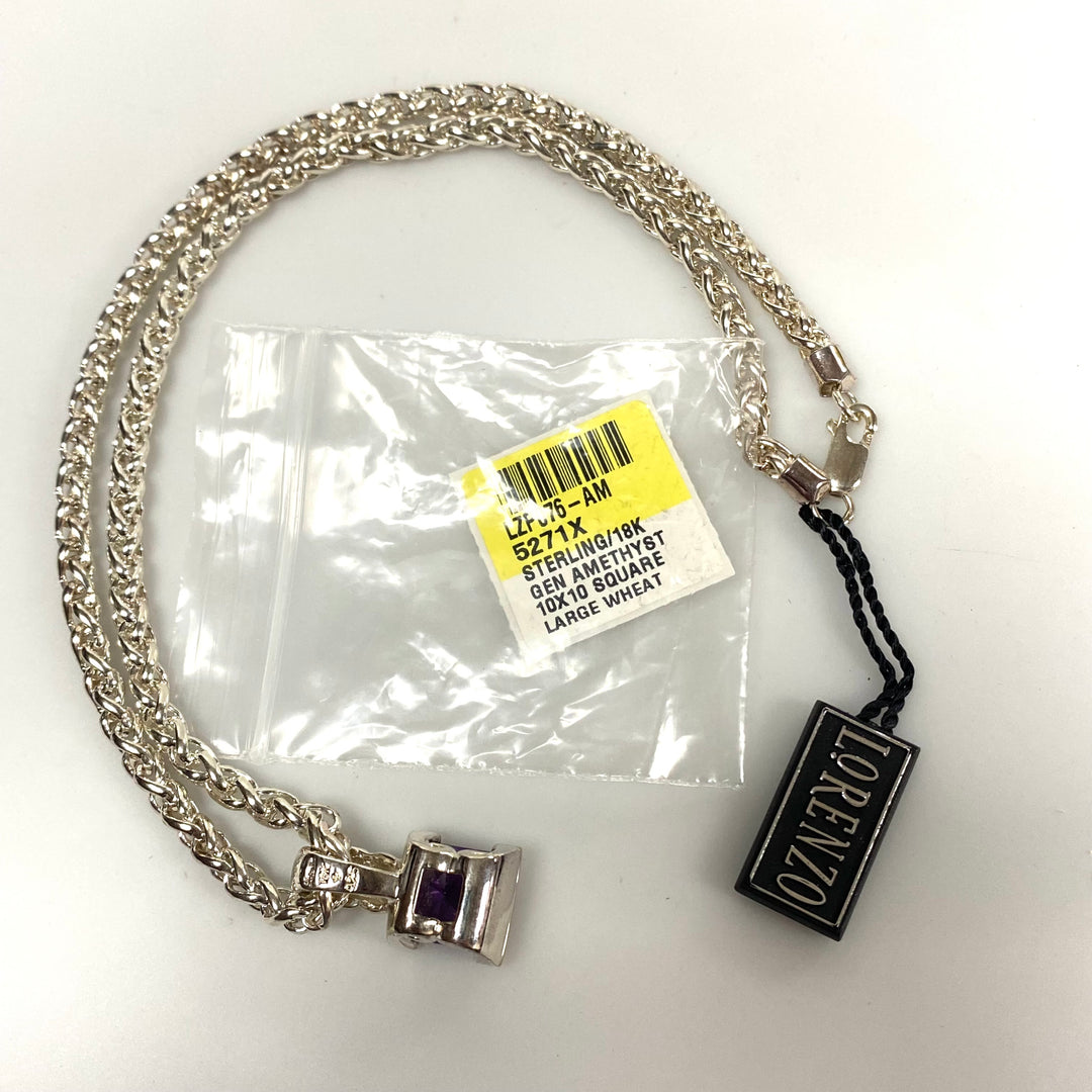v265 Lorenzo Sterling Silver 925 Large Wheat Chain Necklace 16" Genuine Amethyst 18k Bezel Pendant