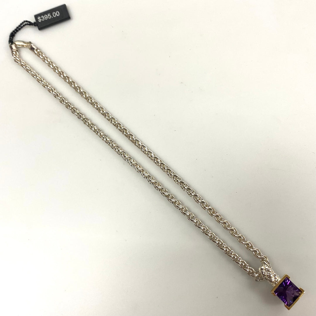 v265 Lorenzo Sterling Silver 925 Large Wheat Chain Necklace 16" Genuine Amethyst 18k Bezel Pendant