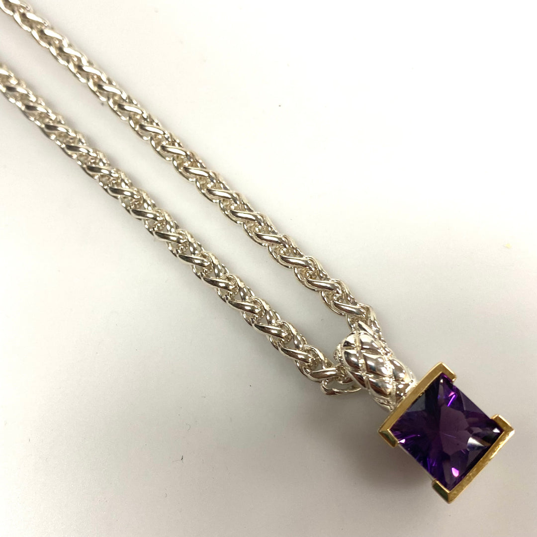 v265 Lorenzo Sterling Silver 925 Large Wheat Chain Necklace 16" Genuine Amethyst 18k Bezel Pendant