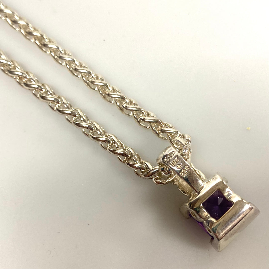 v265 Lorenzo Sterling Silver 925 Large Wheat Chain Necklace 16" Genuine Amethyst 18k Bezel Pendant