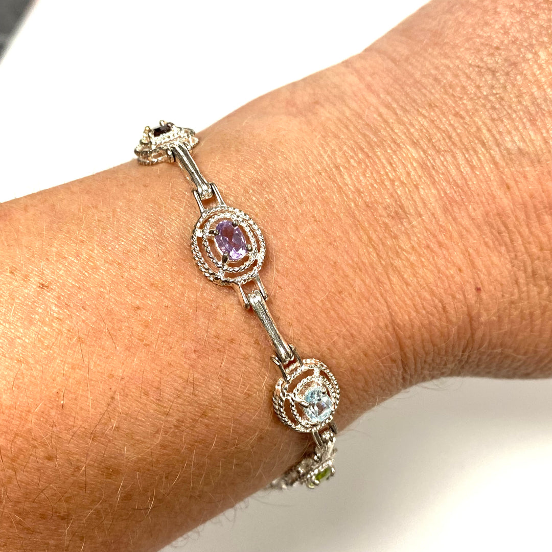 v267 Vintage Elegant Sterling Silver Multi Gemstones Bracelet