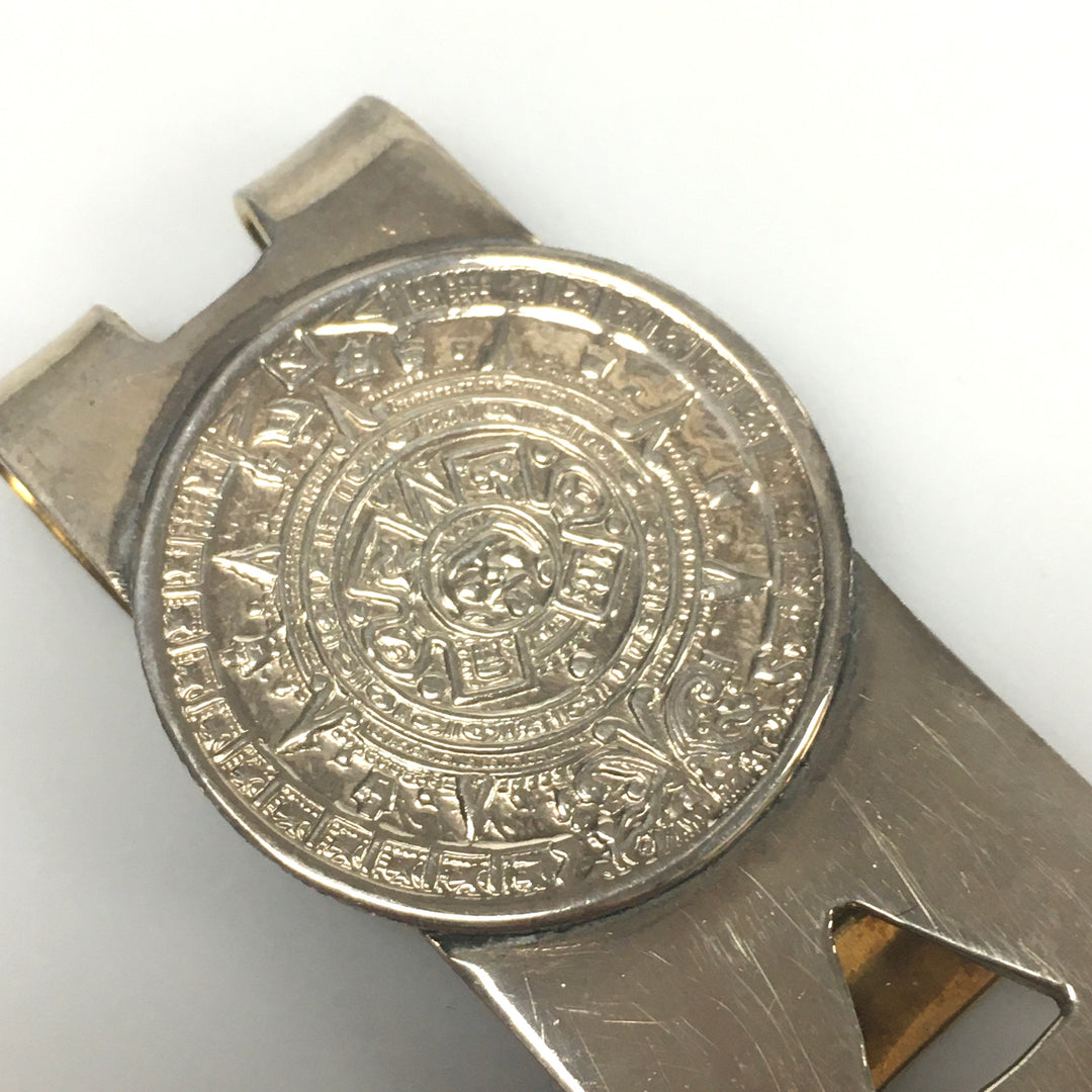 v274 Vintage Sterling Silver 925 Money Clip Cash Holder Mayan Calendar Shape