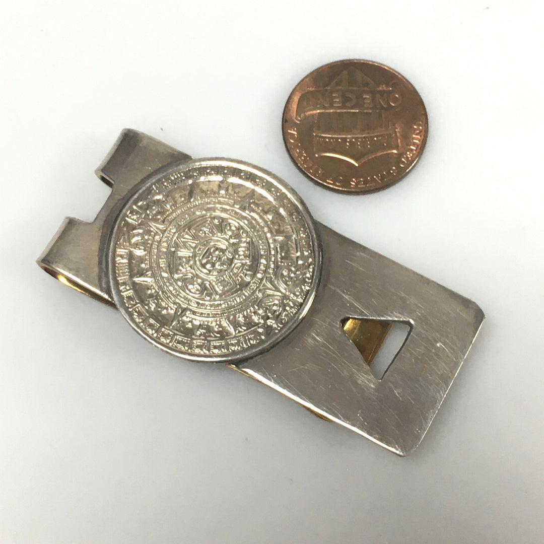 v274 Vintage Sterling Silver 925 Money Clip Cash Holder Mayan Calendar Shape