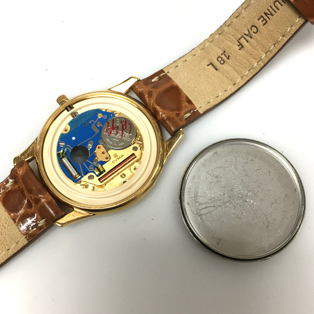 v290 Vintage CYMA Quartz Swiss Made Gold Tone 7 Jewels Wrist Watch Leather Band